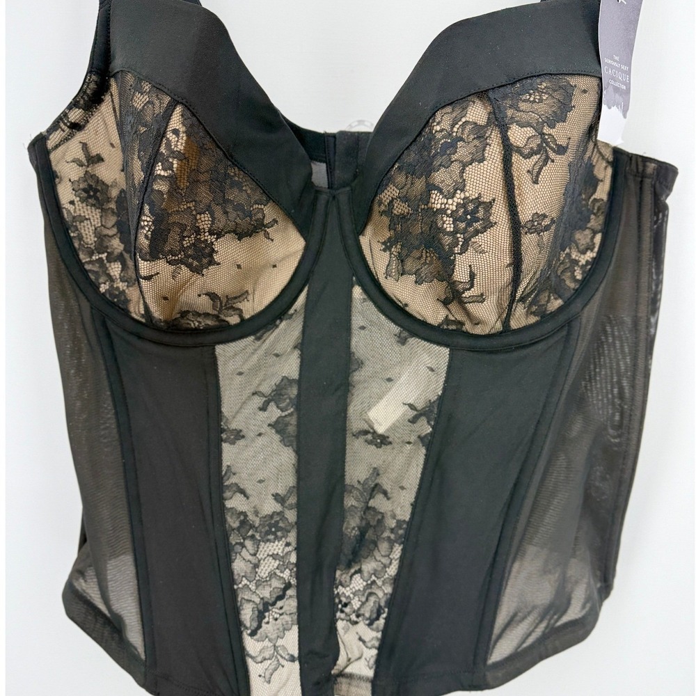 Cacique Black Lace Corset 42DD Underwire Sheer Dark Coquette Whimsigoth NEW - Picture 9 of 10